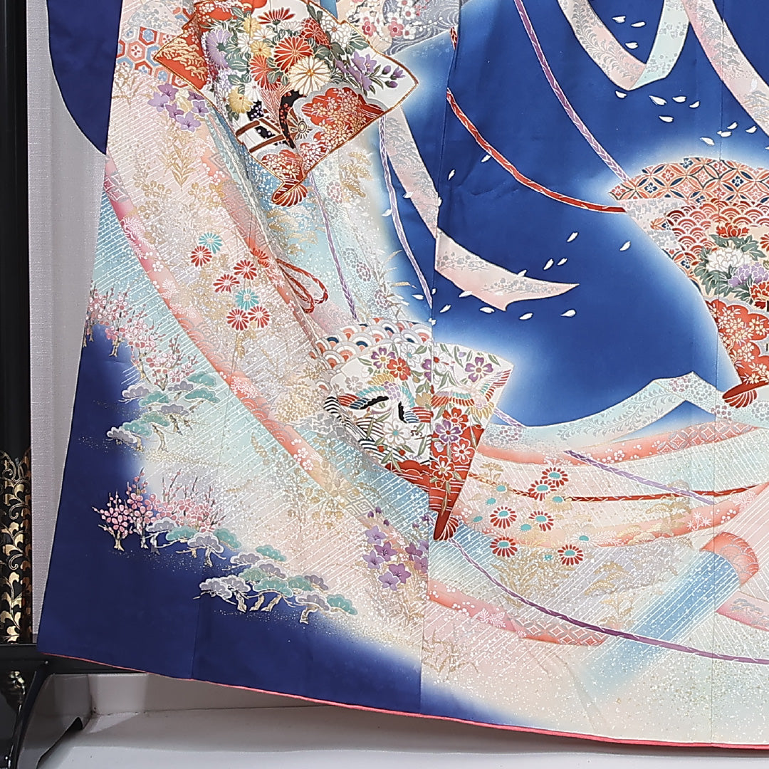 振袖 袷 身丈164cm 裄丈67cm 正絹 Sランク フォーマル 広衿 Lサイズ 刺繍 扇 菊 青系 RP 1215-06713