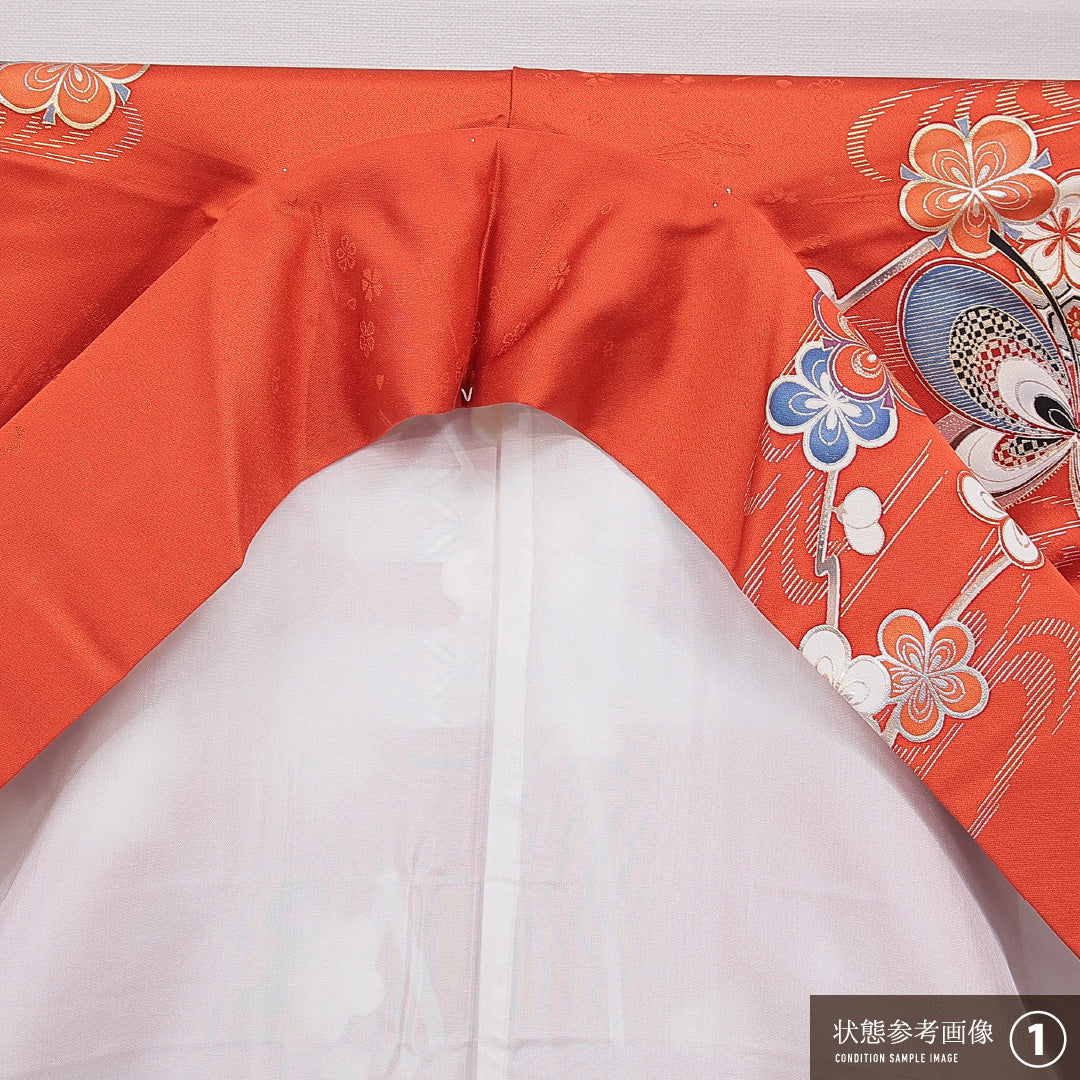 振袖 袷 身丈165cm 裄丈66cm 正絹 Sランク フォーマル 広衿 XLサイズ 蝶 亀甲 菊 朱系 RP 1215-06993