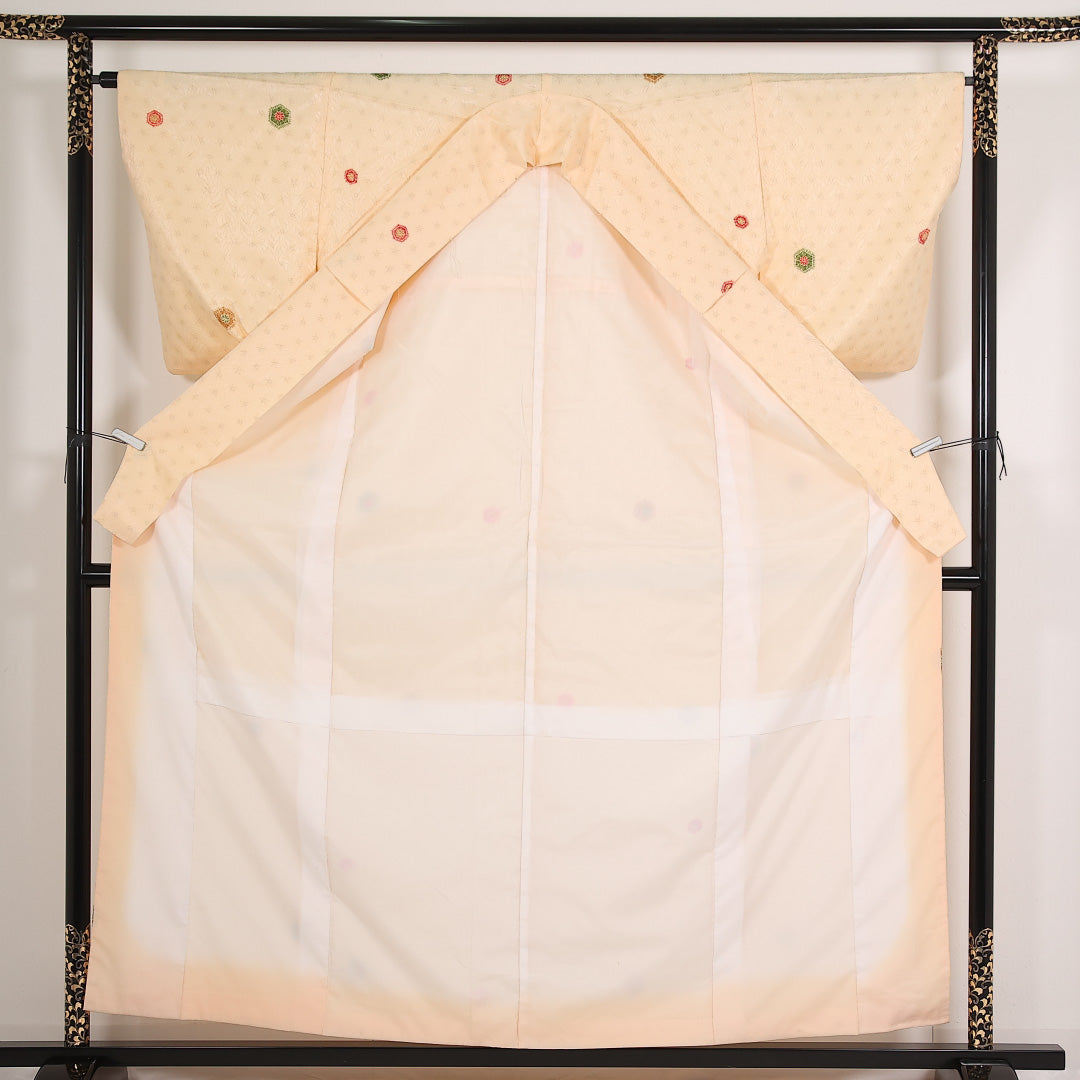 洗える着物 小紋 袷 身丈160cm 裄丈65cm ポリエステル Sランク インフォーマル 広衿 Mサイズ 菊亀甲 黄系 RP 1221-17542