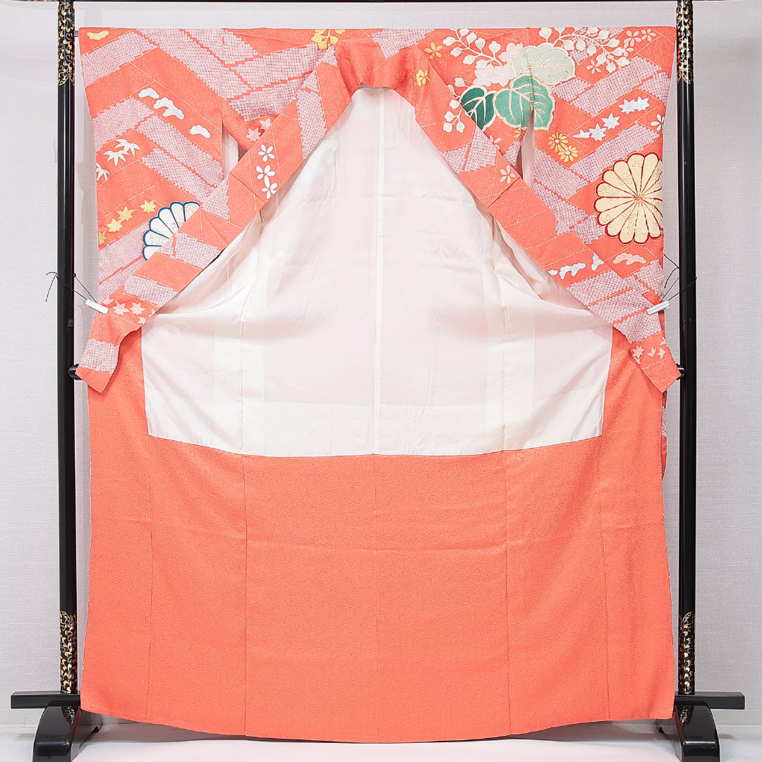振袖 袷 身丈167cm 裄丈65cm 正絹 Cランク フォーマル 広衿 XLサイズ 金駒刺繍 菊 桐 朱系 HP 1215-06930