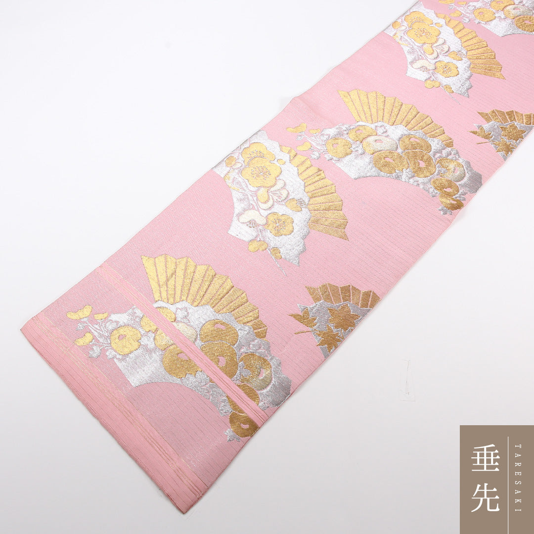 夏物 袋帯 帯丈412cm 正絹 六通 セミフォーマル 扇面文 梅 椿 ピンク系 1243-02470