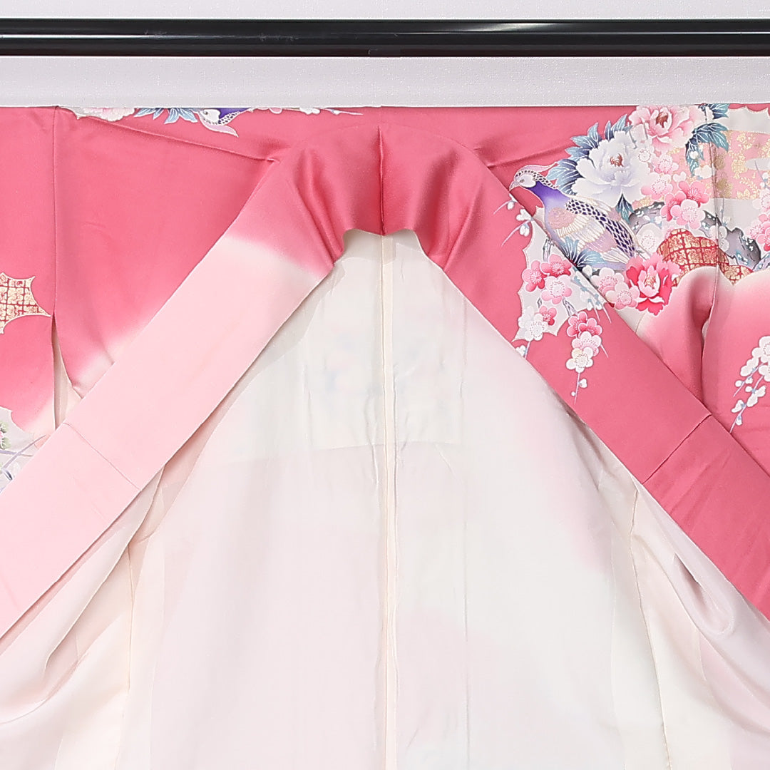 振袖 袷 身丈165cm 裄丈66cm 正絹 Bランク フォーマル 広衿 XLサイズ 鳳翔 作家物 落款 尾長鳥 牡丹 松 ピンク系 M4 1215-06749