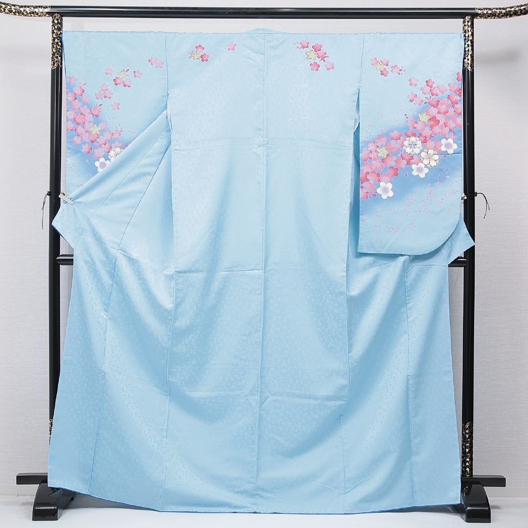 洗える着物 小振袖 袷 身丈169cm 裄丈67cm ポリエステル Cランク セミフォーマル 広衿 XLサイズ 桜 水色系 LP 1216-07031