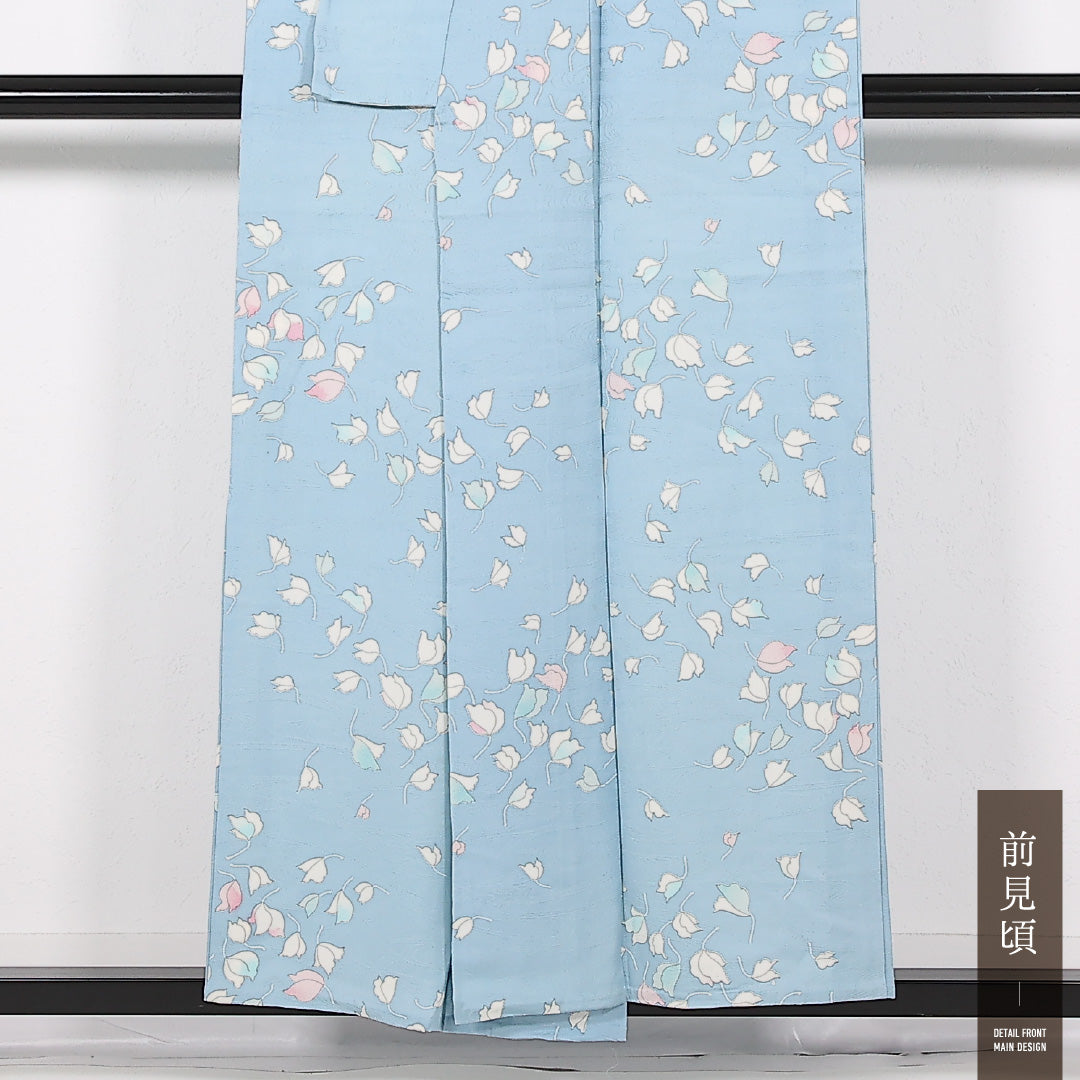 小紋 単衣 身丈153cm 裄丈64cm 正絹 Cランク インフォーマル 広衿 Mサイズ 花柄 水色系 RP 1221-17531