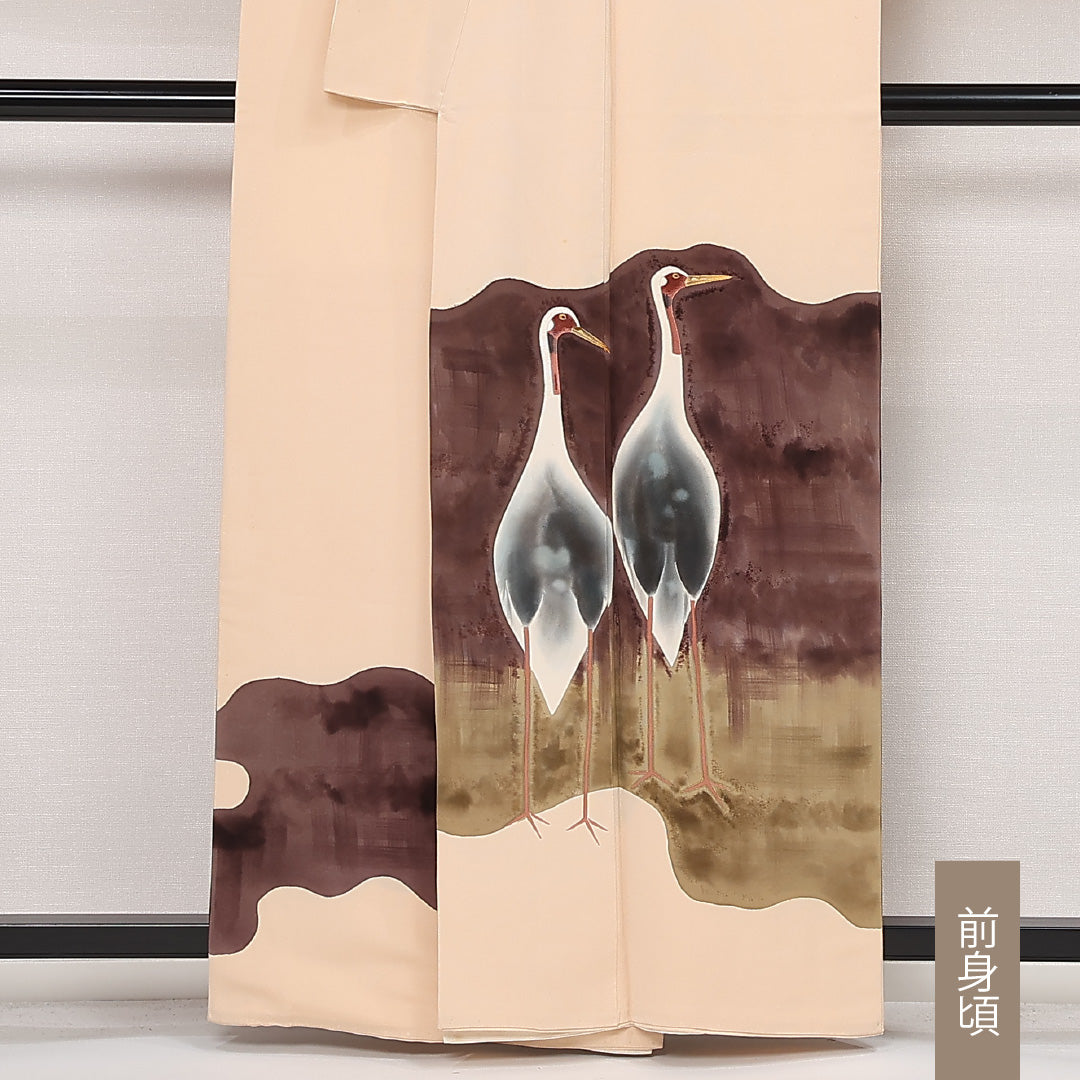色留袖 袷 身丈159cm 裄丈67cm 正絹 Bランク 三つ紋 (丸に枝竜胆) フォーマル 広衿 Mサイズ 刺繍 比翼 鶴 クリーム系 RP 1214-06836