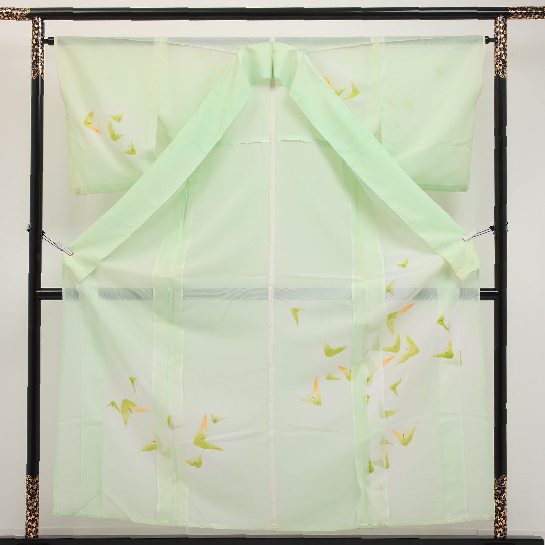 夏物 付下げ 絽 身丈158cm 裄丈65cm 正絹 Aランク インフォーマル 広衿 Mサイズ 蝶 緑系 LP 1218-17303