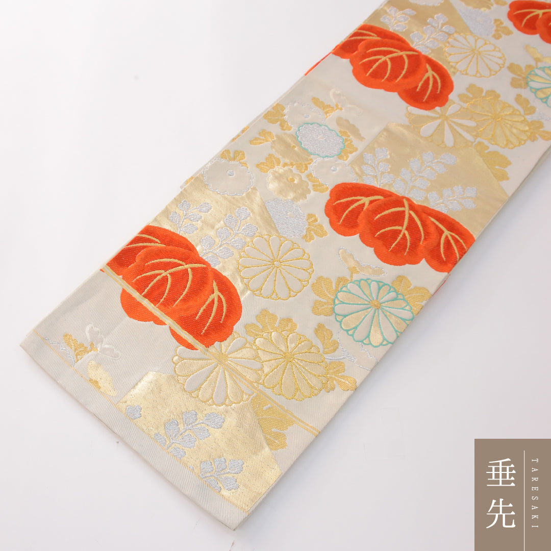 アンティーク 袋帯 帯丈396cm 正絹 六通 菊 稲 クリーム系 1243-02421