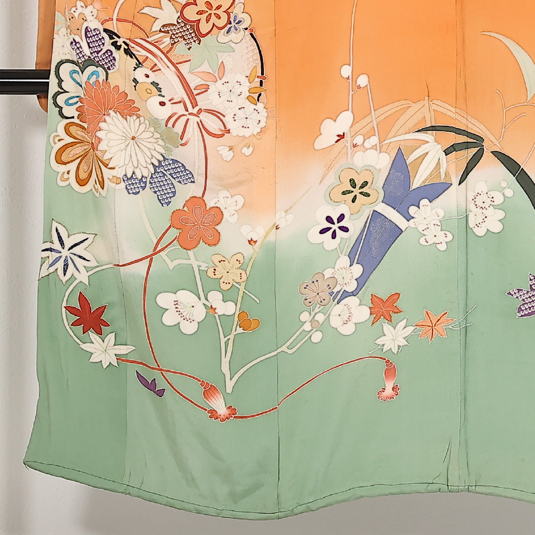 アンティーク 小振袖 袷 身丈146cm 裄丈63cm 正絹 Dランク バチ衿 XSサイズ 刺繍 相良刺繍 金駒刺繍 花鼓 梅 朱系 M4 1216-17553