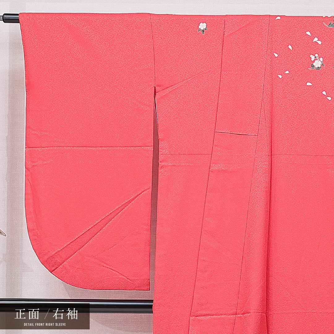 洗える着物 小振袖 袷 身丈163cm 裄丈66cm ポリエステル Aランク セミフォーマル 広衿 Lサイズ 桜 赤系 RP 1216-07030