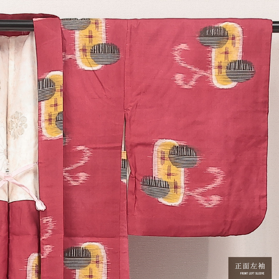 アンティーク 羽織 (銘仙) 袷 身丈90cm 裄丈64cm 正絹 Cランク Mサイズ 紐あり 小判 赤系 RP 1232-17210