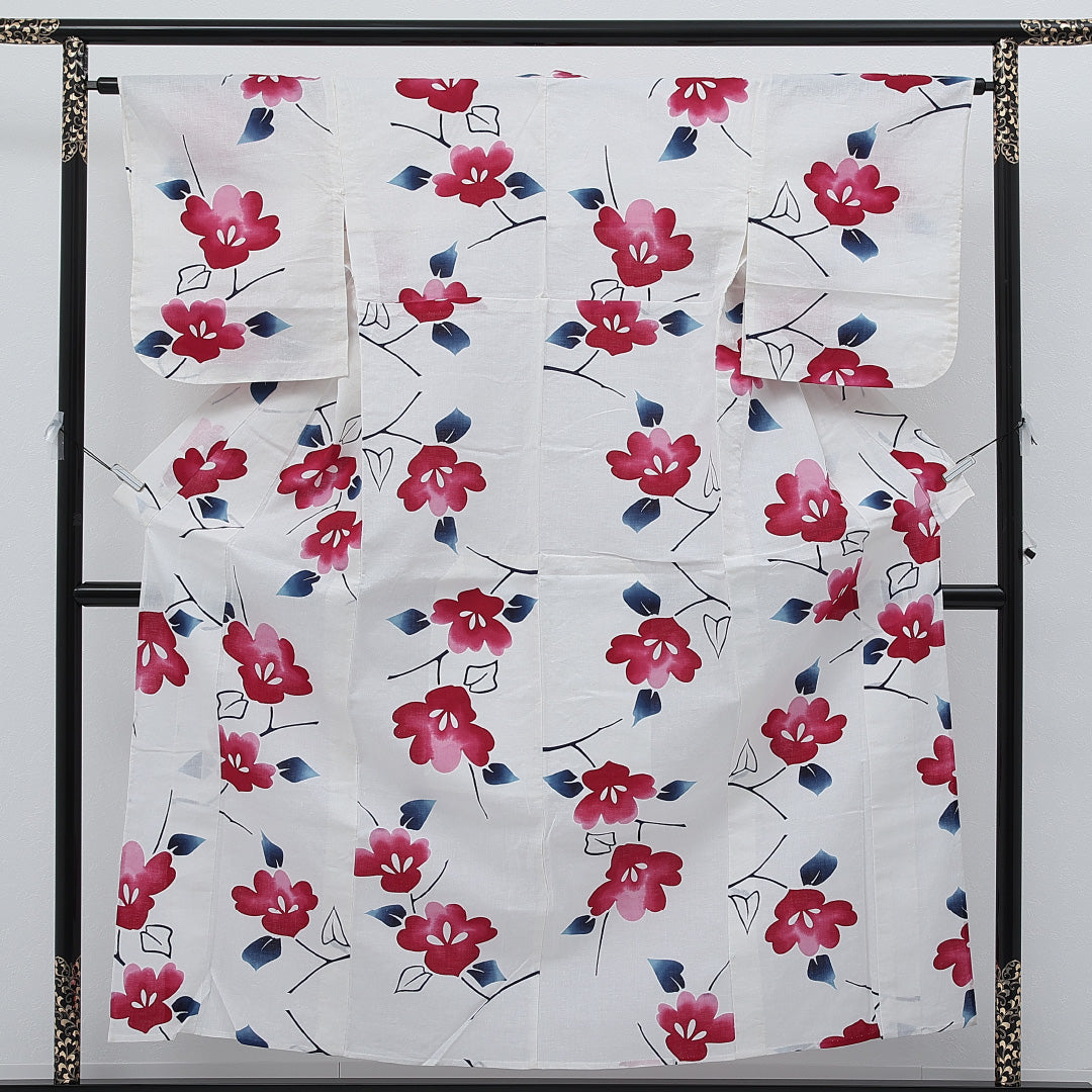 夏物 洗える着物 木綿の浴衣 身丈155cm 裄丈64cm 木綿 Cランク カジュアル バチ衿 Mサイズ 居敷当て 肩当て 朝顔 白系 RP 1225-17255