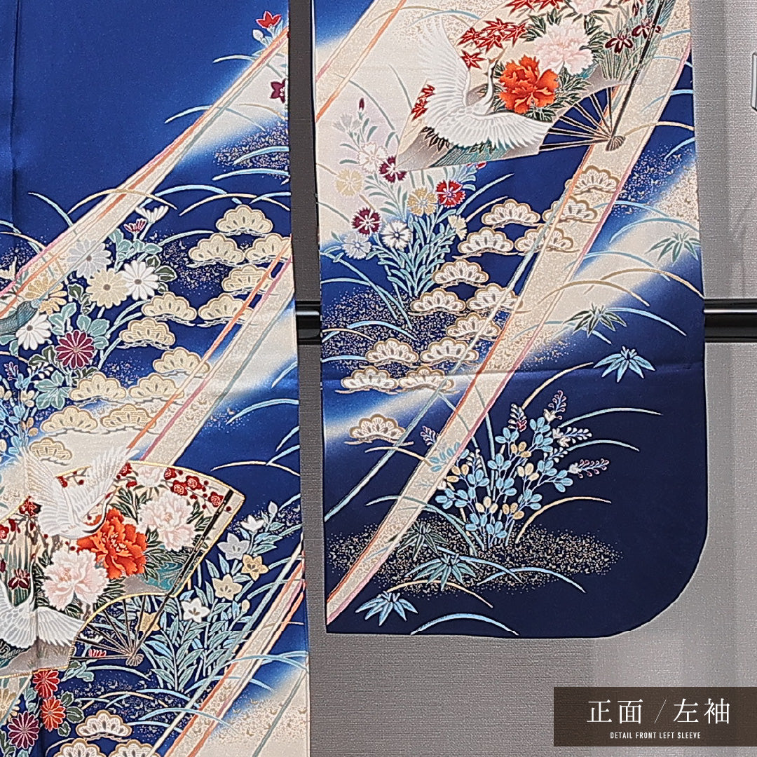 振袖 袷 身丈158cm 裄丈63cm 正絹 Aランク フォーマル 広衿 Mサイズ 金駒刺繍 扇面文 鶴 牡丹 青系 RP 1215-06995
