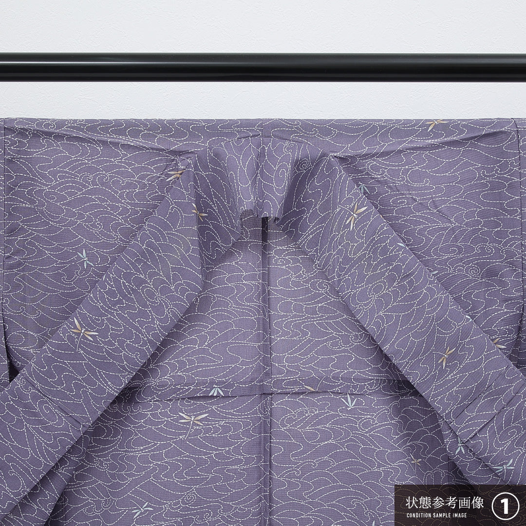 洗える着物 小紋 単衣 身丈163cm 裄丈67cm ポリエステル Aランク インフォーマル 広衿 XSサイズ 蜻蛉 光琳波 紫系 RP 1221-17269