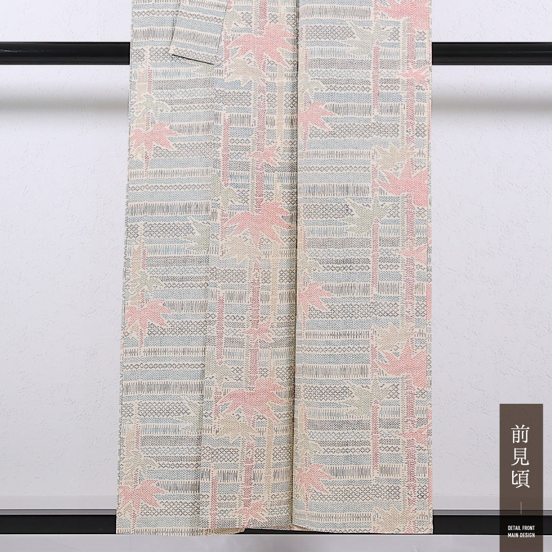 アンティーク 紬 単衣 身丈152cm 裄丈62cm 正絹 Cランク バチ衿 Mサイズ 肩当て 竹 クリーム系 RP 1223-17342