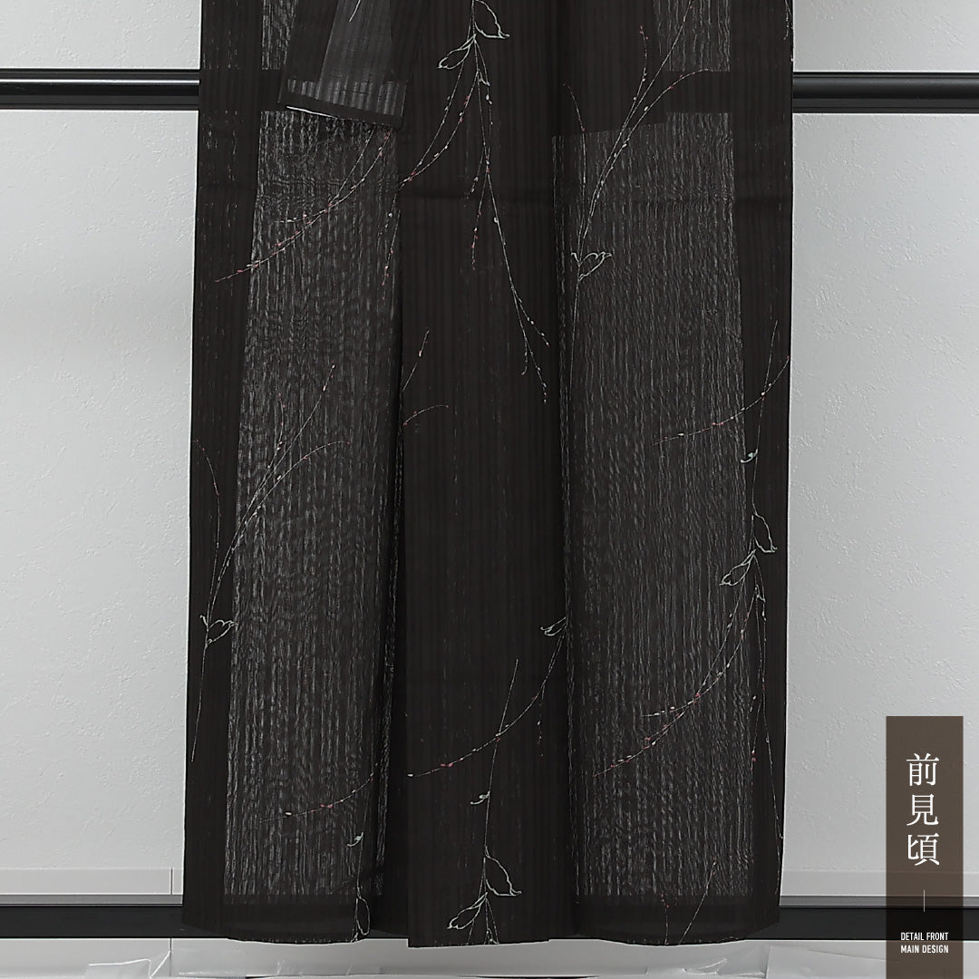 夏物 小紋 紗 身丈151cm 裄丈61cm 正絹 Sランク インフォーマル 広衿 XSサイズ しつけ糸 植物柄 黒系 RP 1221-17244