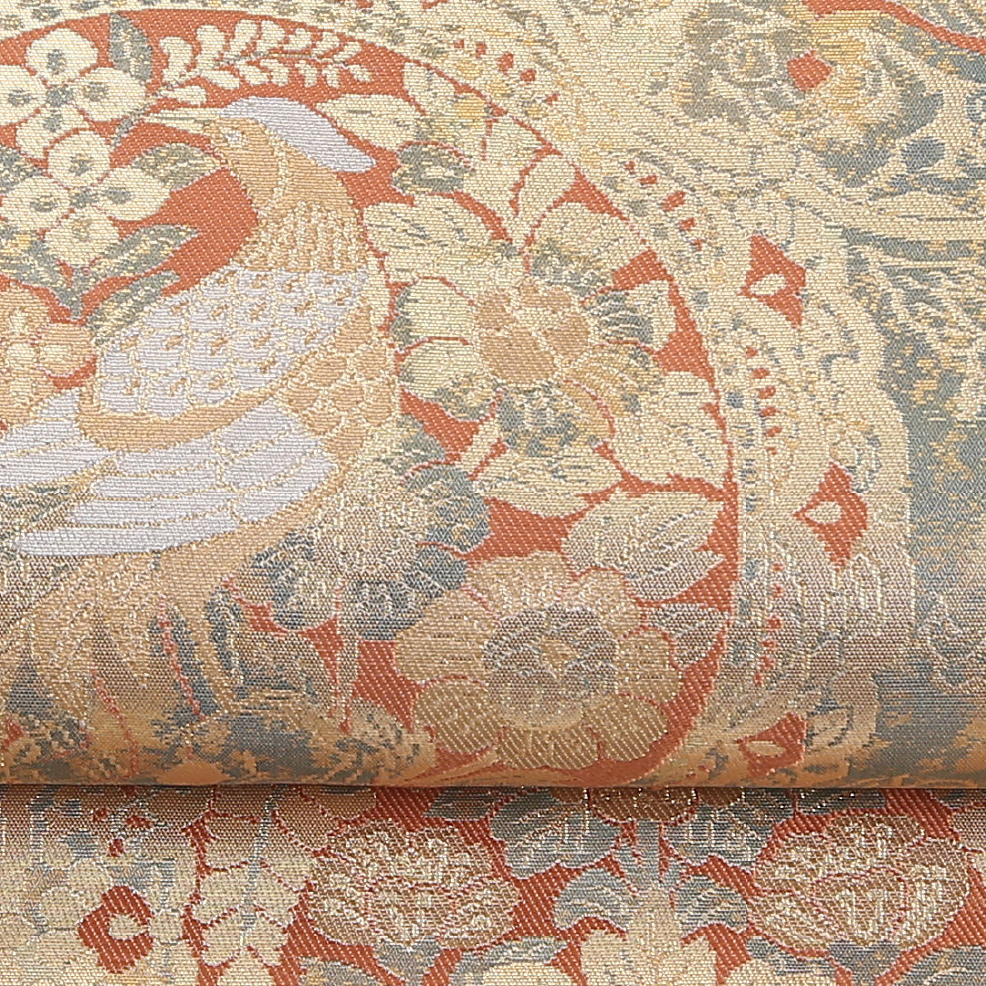 宝相華 袋帯 帯丈432cm 正絹 六通 フォーマル 尾長鳥 クリーム系 緑系 1243-02615