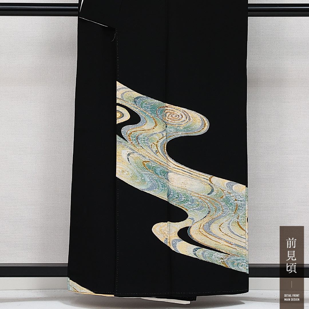 黒留袖 袷 身丈155cm 裄丈61cm 正絹 Aランク 五つ紋 (蔦) フォーマル バチ衿 Mサイズ 刺繍 流水 黒系 RP 1213-06874