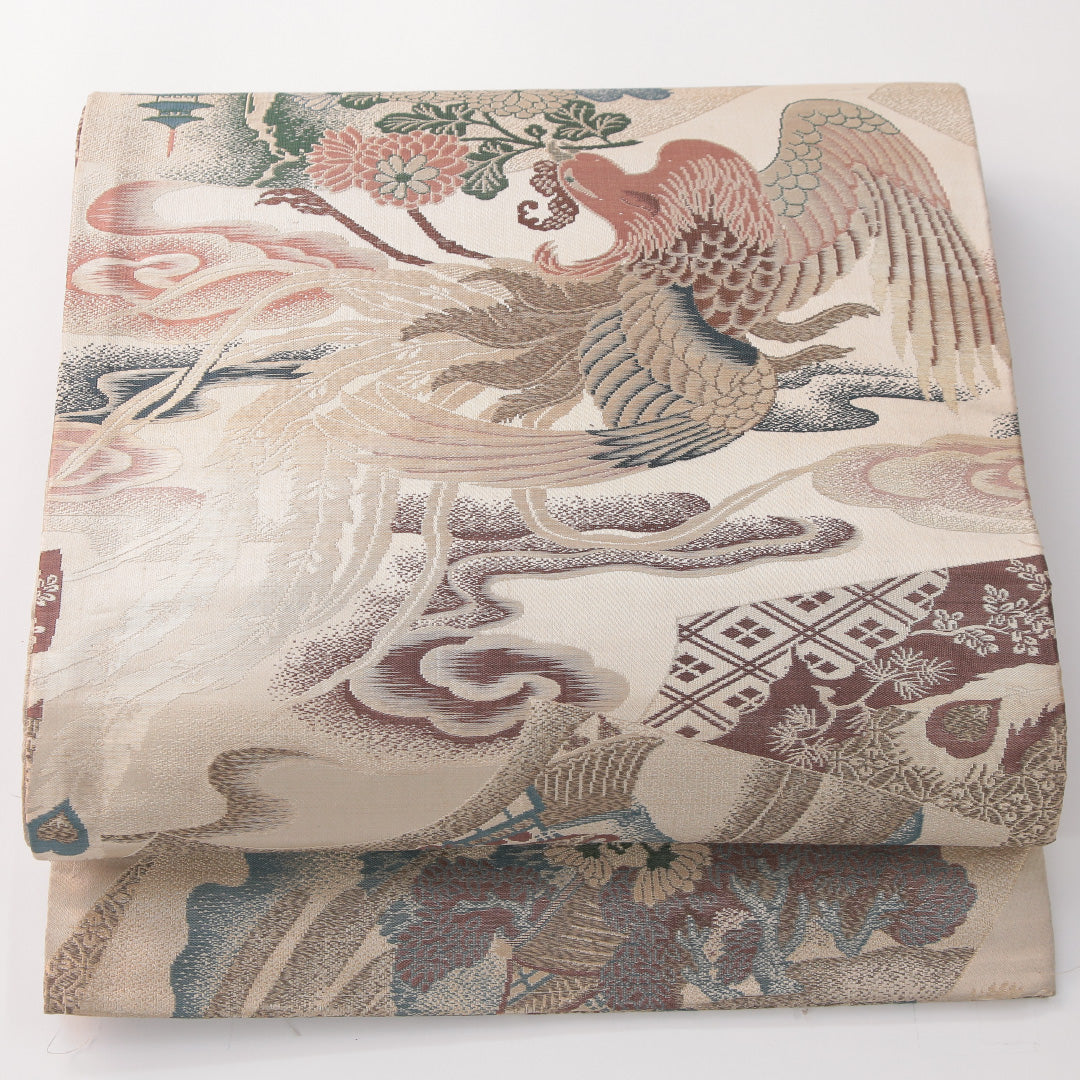 アンティーク 丸帯 帯丈386cm 正絹 全通 花喰鳥 楼閣 ベージュ系 金系 1242-02424