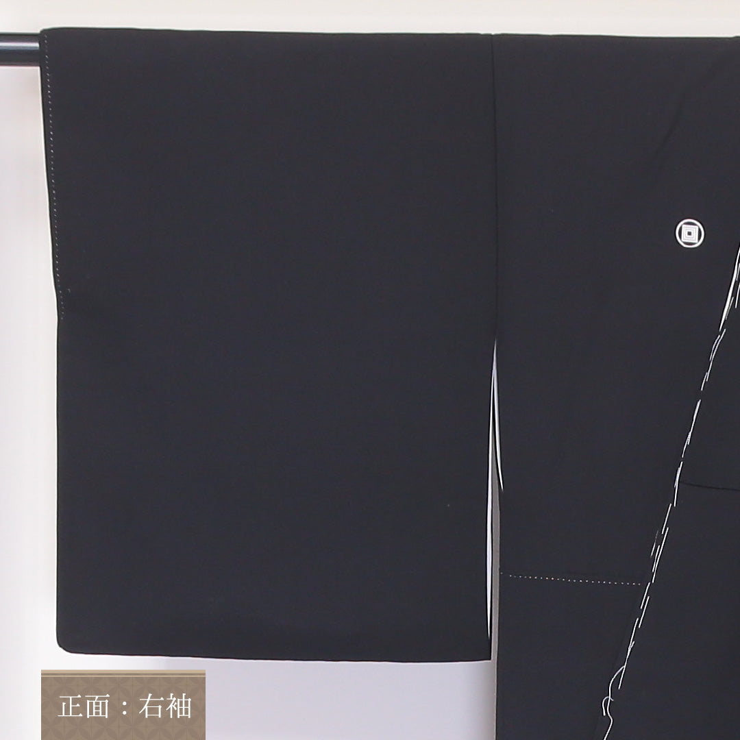 洗える着物 黒留袖 袷 身丈162cm 裄丈65cm ポリエステル Bランク 五つ紋 (丸に三つ入れ子枡) フォーマル 広衿 Lサイズ 金彩 刺繍 鶴 荒磯 黒系 RP 1213-06517