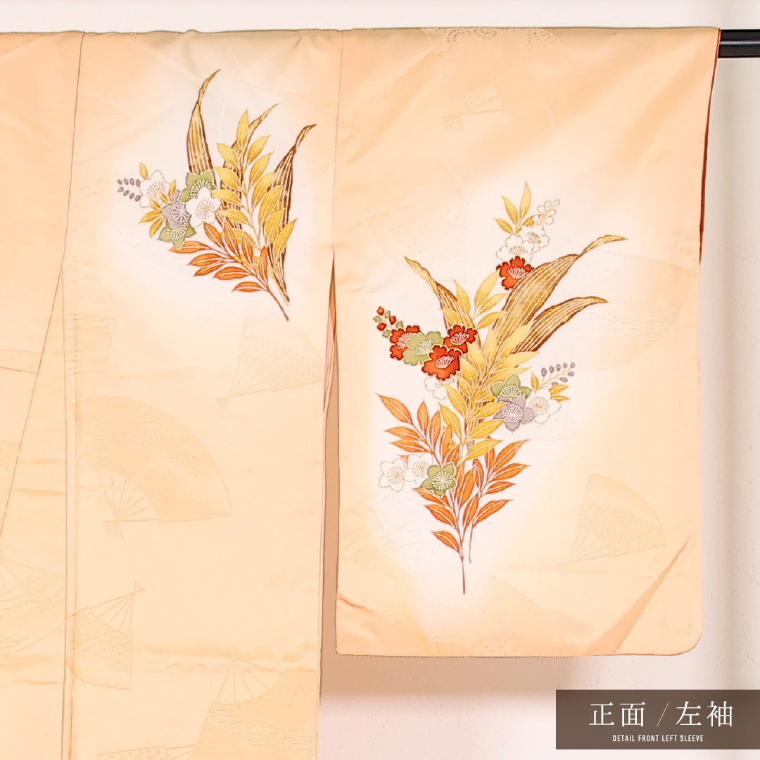 洗える着物 訪問着 袷 身丈167cm 裄丈64cm ポリエステル Aランク 紋意匠 (扇) セミフォーマル 広衿 Mサイズ 花柄 朱系 RP 1217-17471
