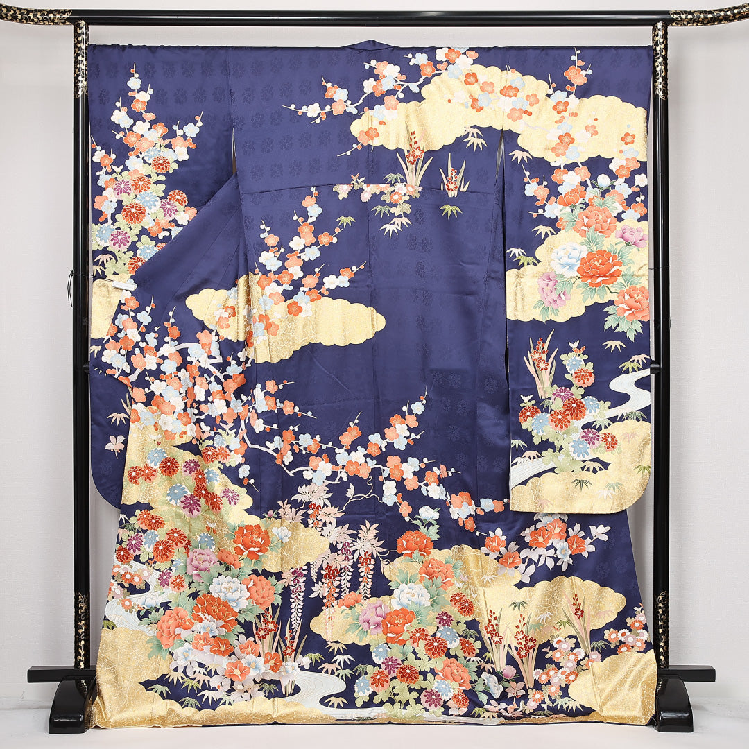 振袖 袷 身丈173cm 裄丈69cm 正絹 Sランク フォーマル 広衿 2XLサイズ 金彩 刺繍 エ霞 花柄 流水 紺系 RP 1215-06780