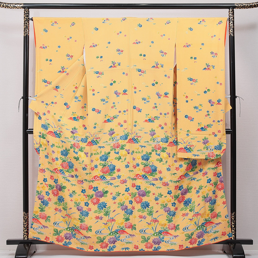 洗える着物 振袖 袷 身丈160cm 裄丈64cm ポリエステル Cランク フォーマル 広衿 Lサイズ 菊 紅葉 黄系 HP 1215-06990