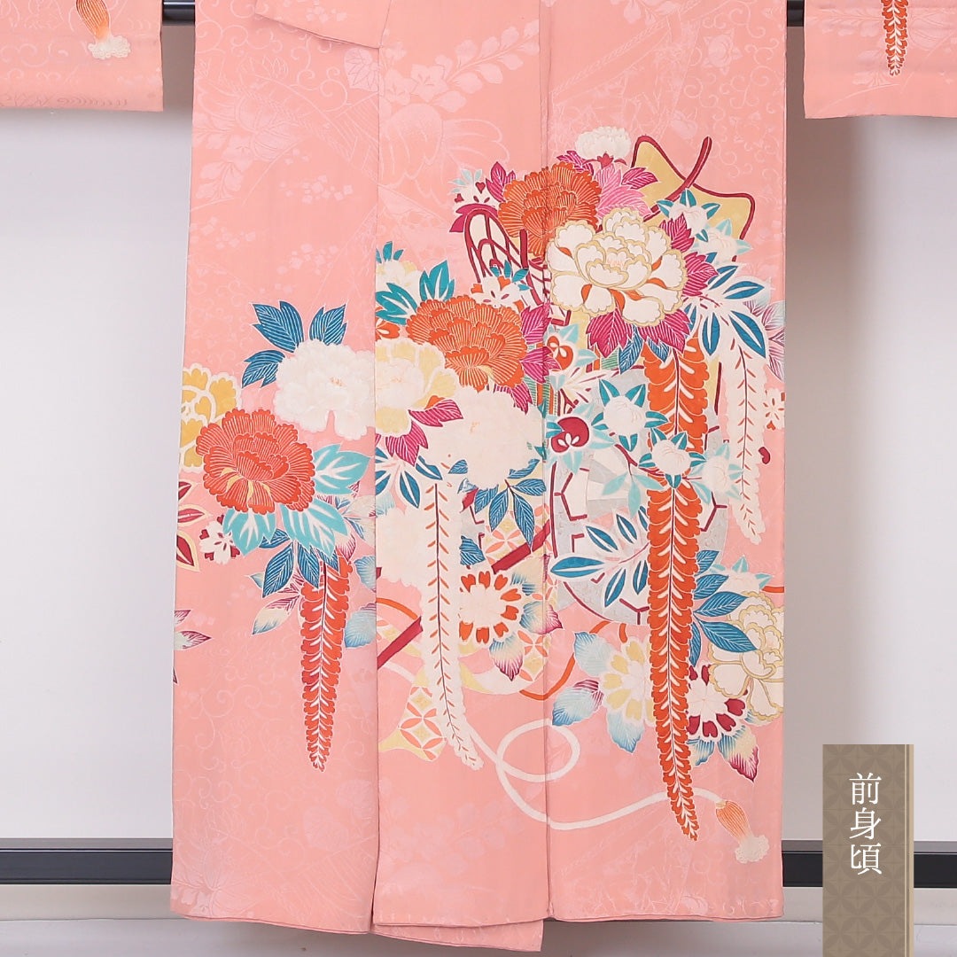 アンティーク 小振袖 (錦紗) 袷 身丈157cm 裄丈63cm 正絹 Bランク 紋意匠 (吉祥文様) 広衿 Mサイズ 藤 牡丹 ピンク系 RP 1216-06346
