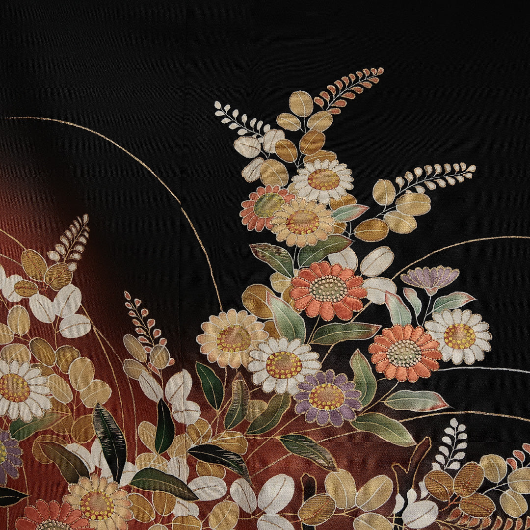 黒留袖 袷 身丈154cm 裄丈60cm 正絹 Sランク 五つ紋 (向い蝶) フォーマル 広衿 Sサイズ たたき染め 京友禅の巨匠 松井青々 刺繍 蘇州刺繍 石庭 黒系 M4 1213-06883