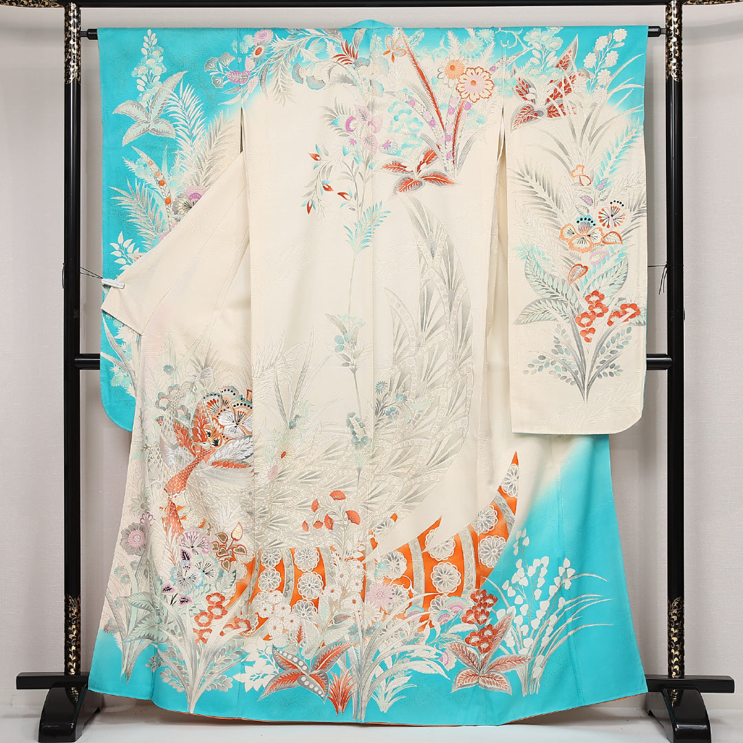 洗える着物 振袖 袷 身丈163cm 裄丈64cm ポリエステル Bランク フォーマル 広衿 Lサイズ 刺繍 孔雀 水色系 RP 1215-06804