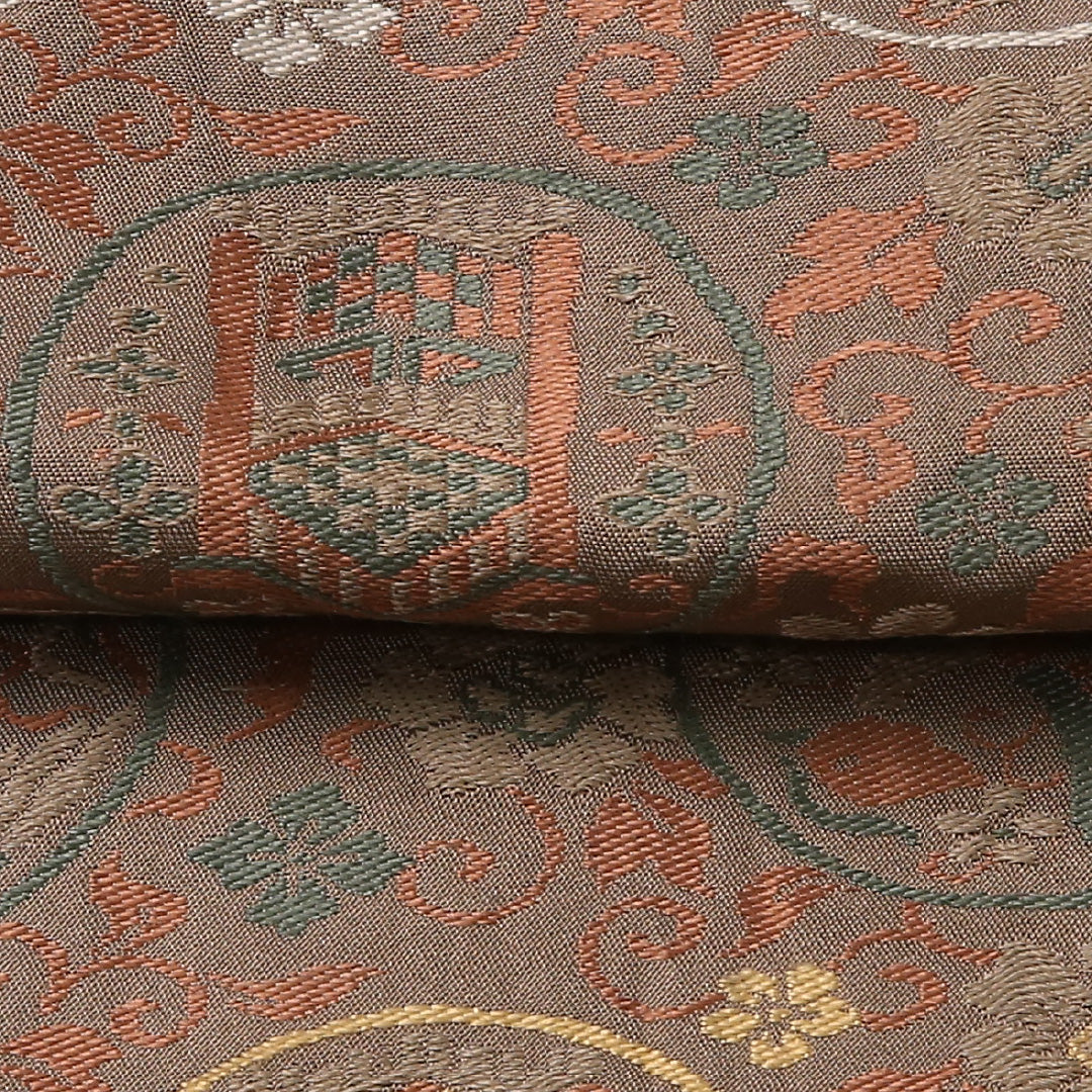アンティーク 半幅帯 帯丈332cm 正絹 全通 小袋帯 丸文 茶系 1247-00697