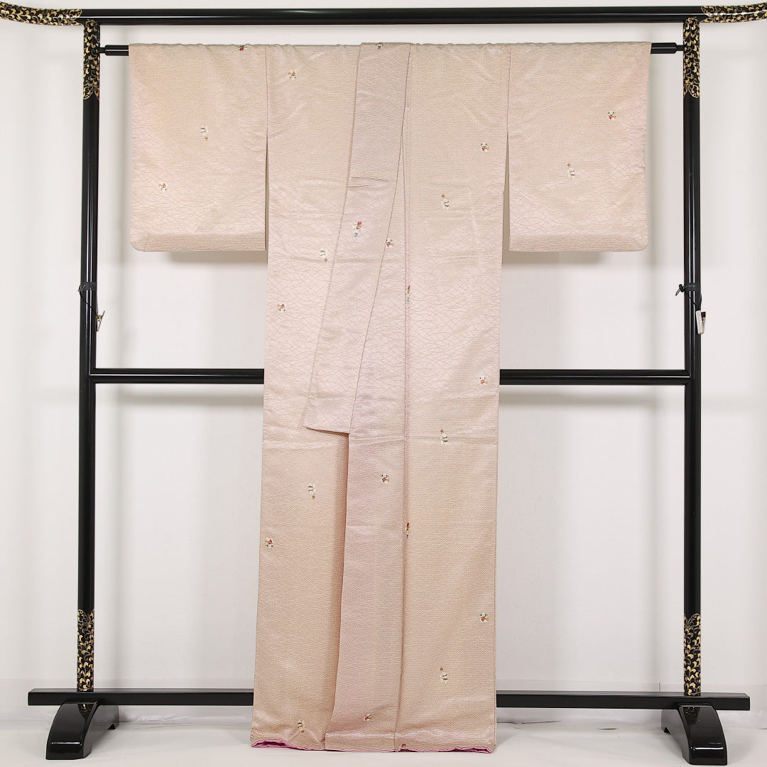 洗える着物 小紋 袷 身丈168cm 裄丈64cm ポリエステル Sランク インフォーマル 広衿 Lサイズ 唐子 クリーム系 RP 1221-17458
