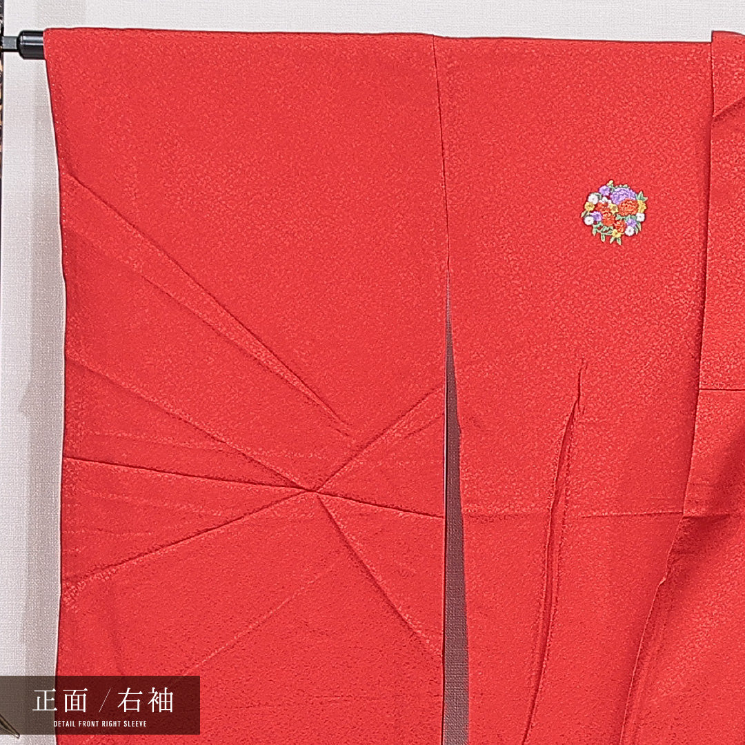 洗える着物 小振袖 袷 身丈168cm 裄丈67cm ポリエステル Sランク セミフォーマル 広衿 XLサイズ 刺繍 牡丹 菊 赤系 RP 1216-07060