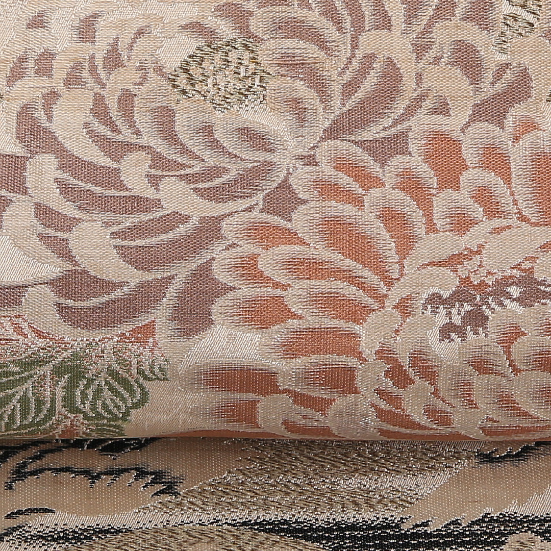 アンティーク 丸帯 帯丈372cm 正絹 全通 鶴 菊 ベージュ系 1242-02565
