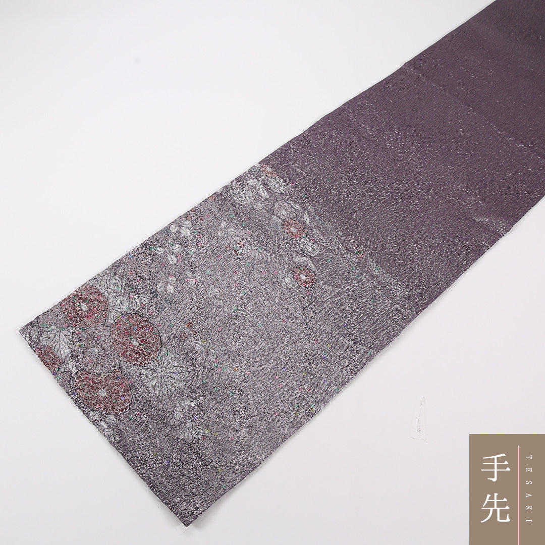 菊 袋帯 帯丈436cm 正絹 六通 帯芯なし セミフォーマル ふくれ織 紫系 ピンク系 1243-02576