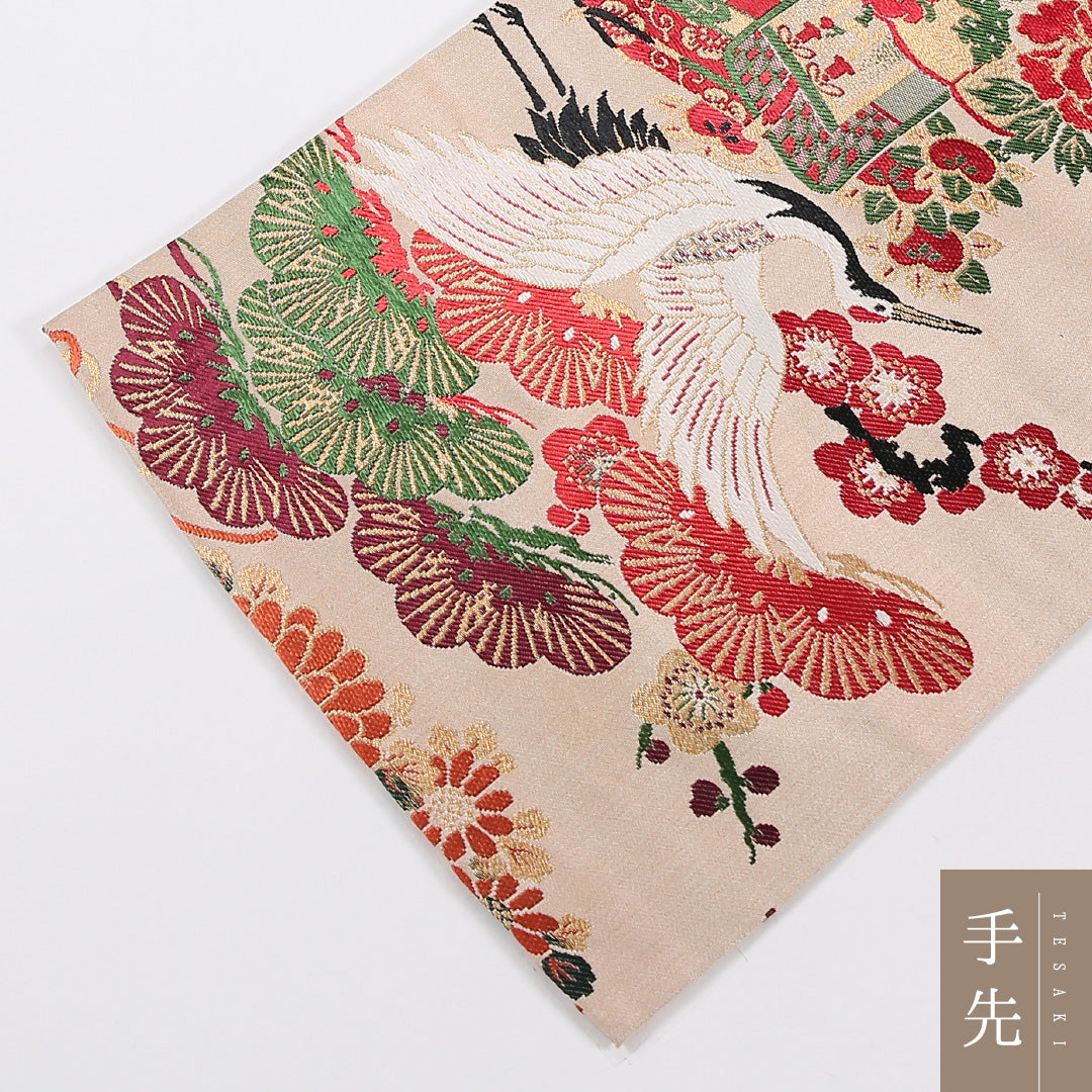 松鶴 丸帯 帯丈376cm 正絹 全通 フォーマル クリーム系 ピンク系 1243-02602