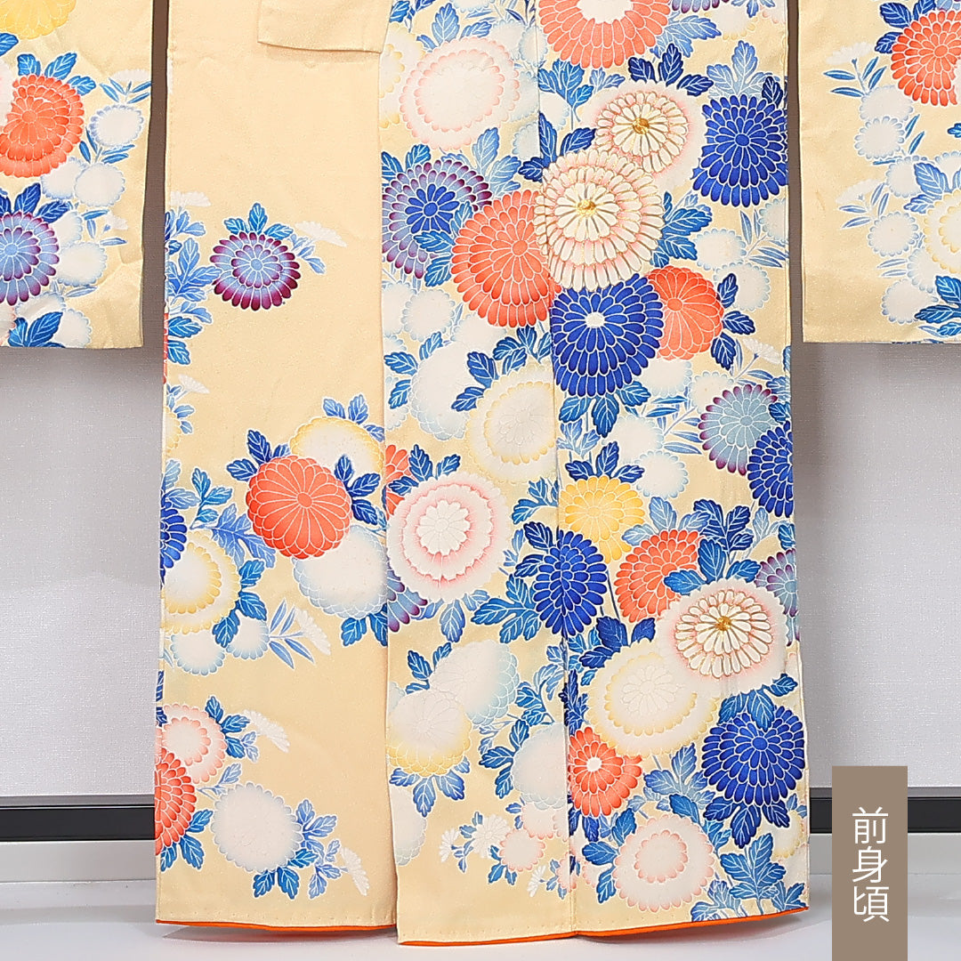 振袖 袷 身丈160cm 裄丈65cm 正絹 Bランク フォーマル 広衿 Lサイズ 刺繍 菊 黄系 RP 1215-06730