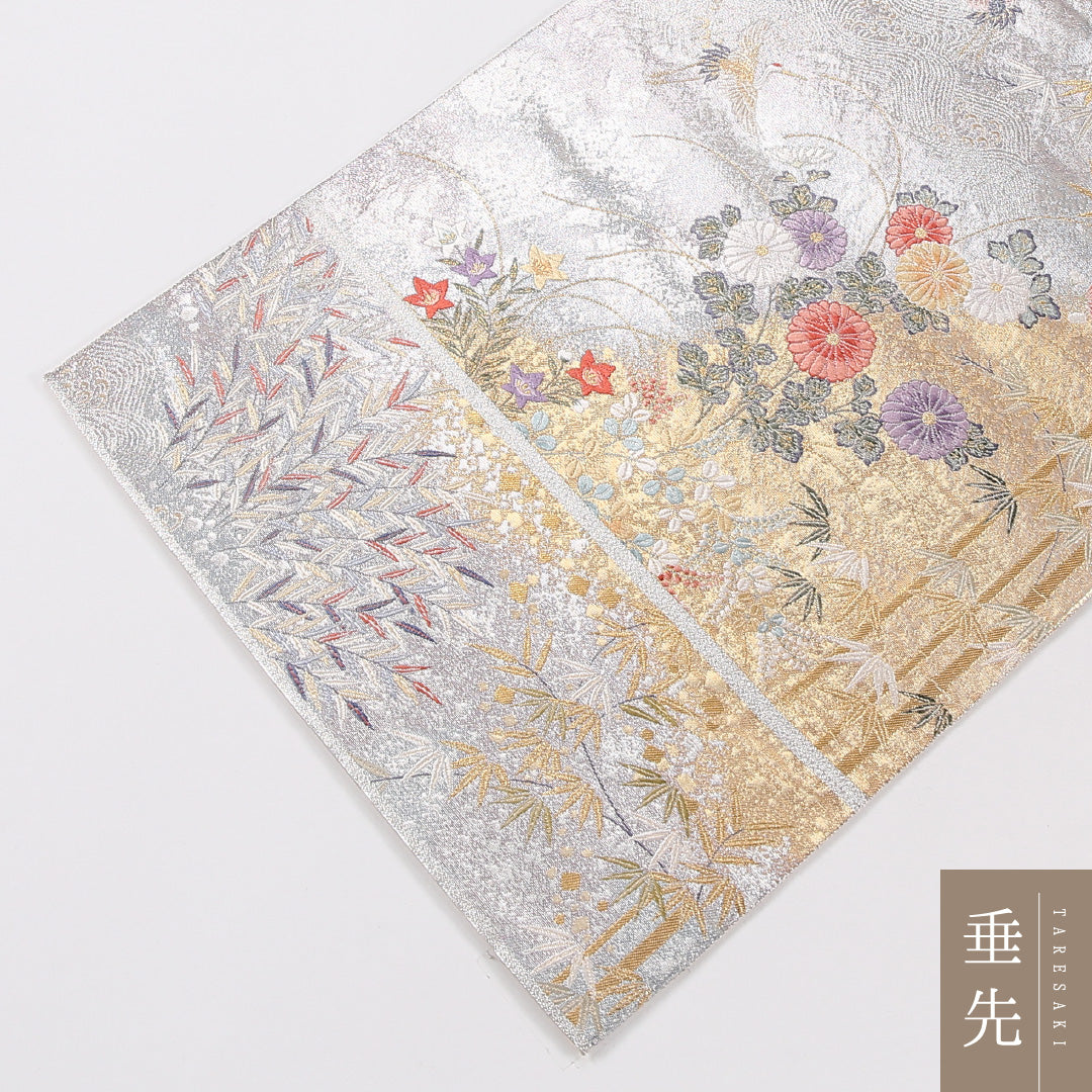鶴 袋帯 帯丈428cm 正絹 六通 フォーマル 菊 白系 銀系 1243-02635