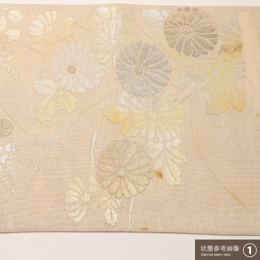 夏物 袋帯 帯丈416cm 正絹 六通 セミフォーマル 菊 萩 クリーム系 1243-02458