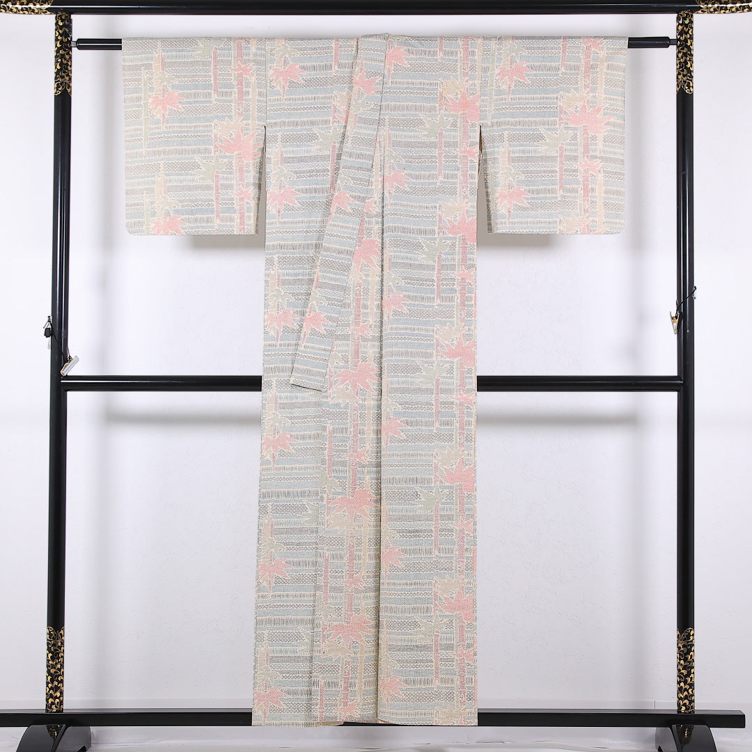 アンティーク 紬 単衣 身丈152cm 裄丈62cm 正絹 Cランク バチ衿 Mサイズ 肩当て 竹 クリーム系 RP 1223-17342