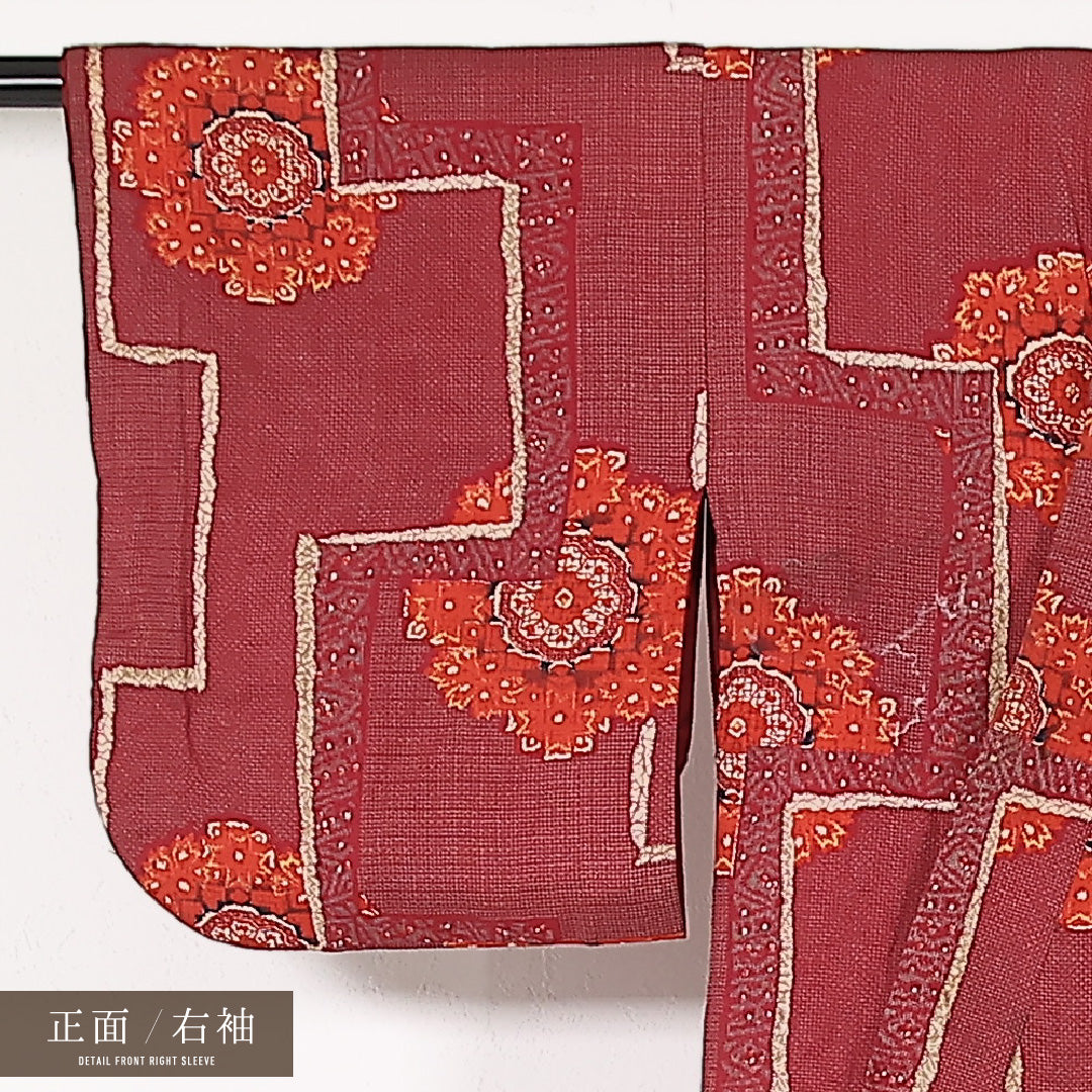 アンティーク 洗える着物 木綿の紬 袷 身丈126cm 裄丈58cm 木綿 Bランク バチ衿 Lサイズ 宝相華 赤系 RP 1223-17464