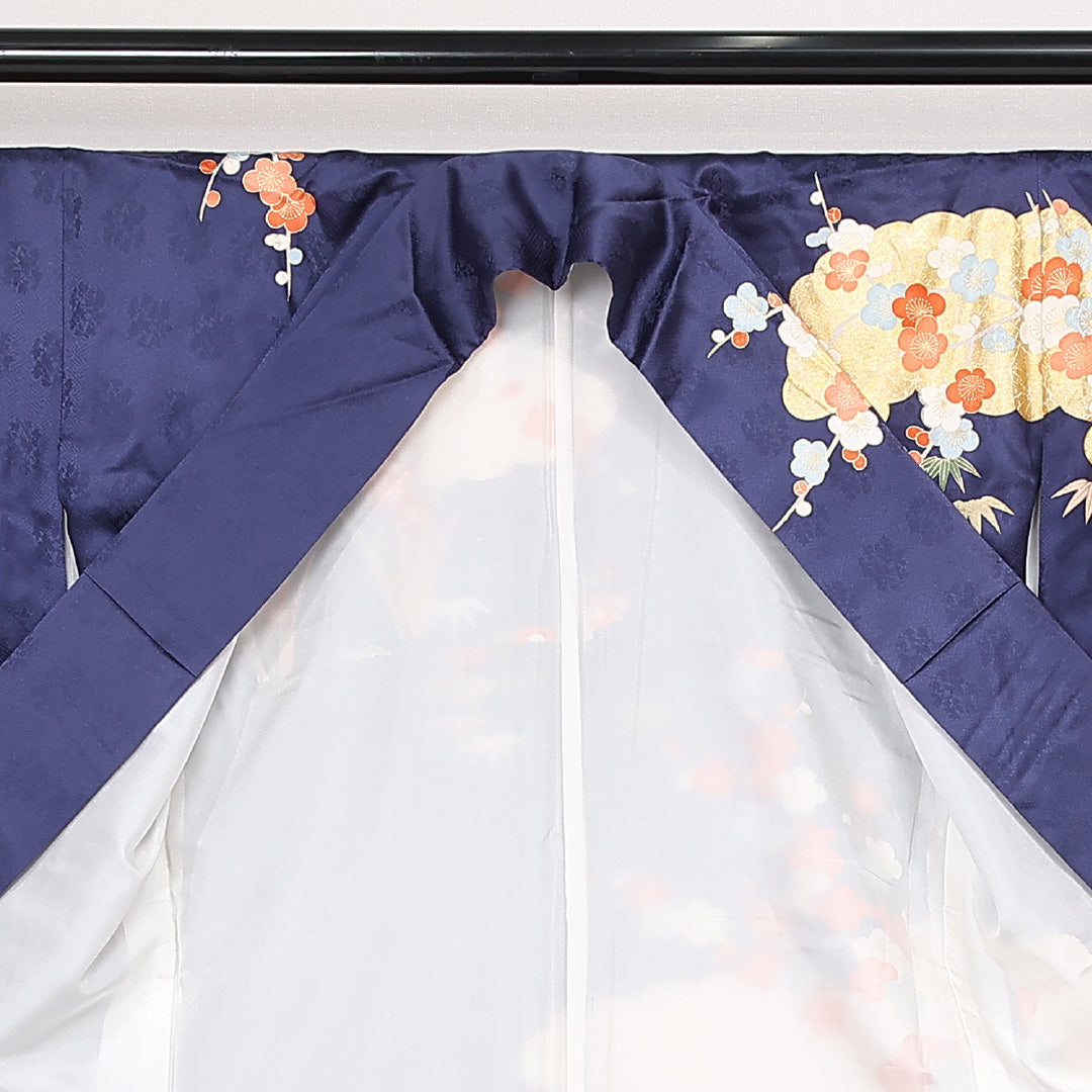 振袖 袷 身丈173cm 裄丈69cm 正絹 Sランク フォーマル 広衿 2XLサイズ 金彩 刺繍 エ霞 花柄 流水 紺系 RP 1215-06780