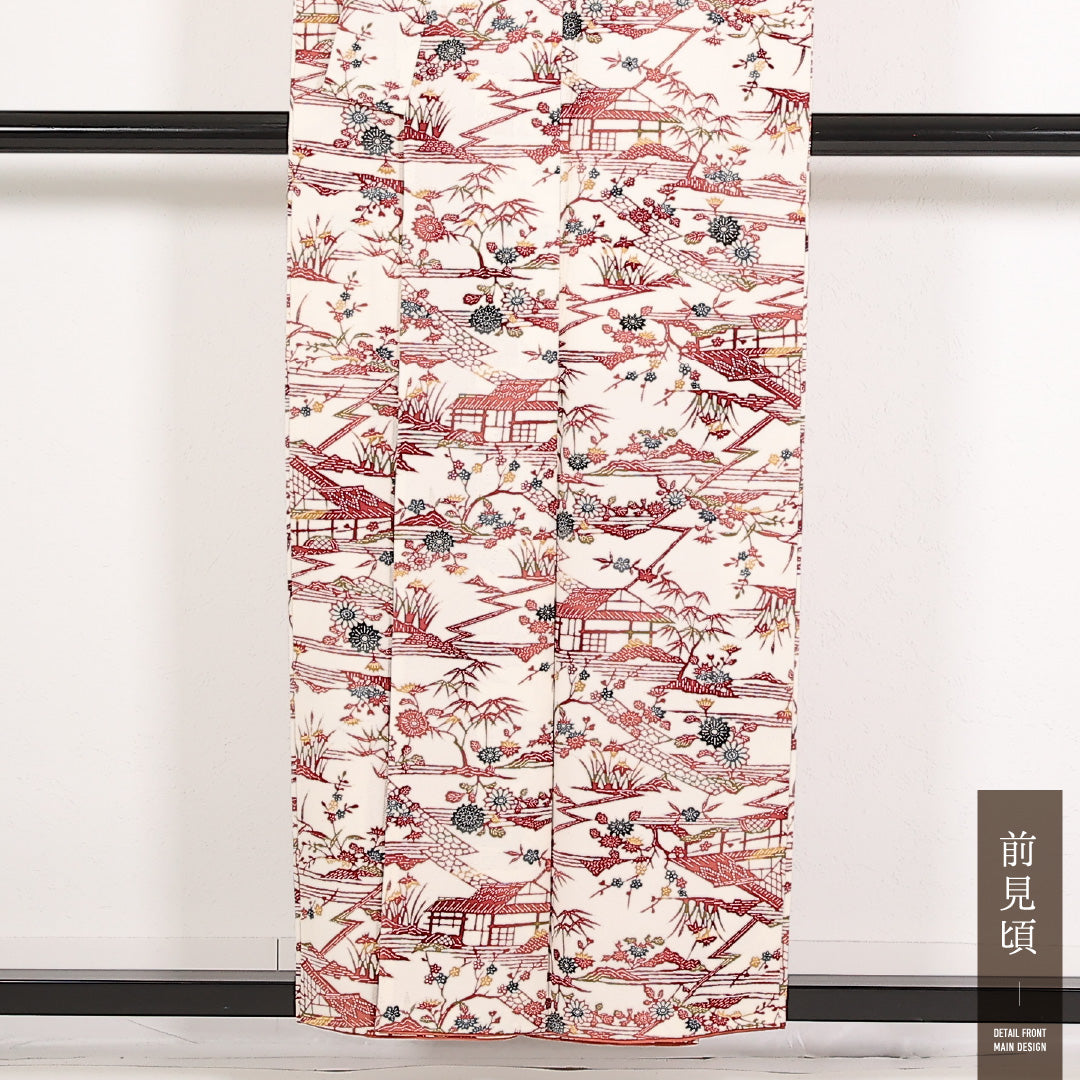 洗える着物 小紋 袷 身丈155cm 裄丈63cm ポリエステル Sランク インフォーマル バチ衿 Lサイズ 茶屋辻 白系 RP 1221-17548