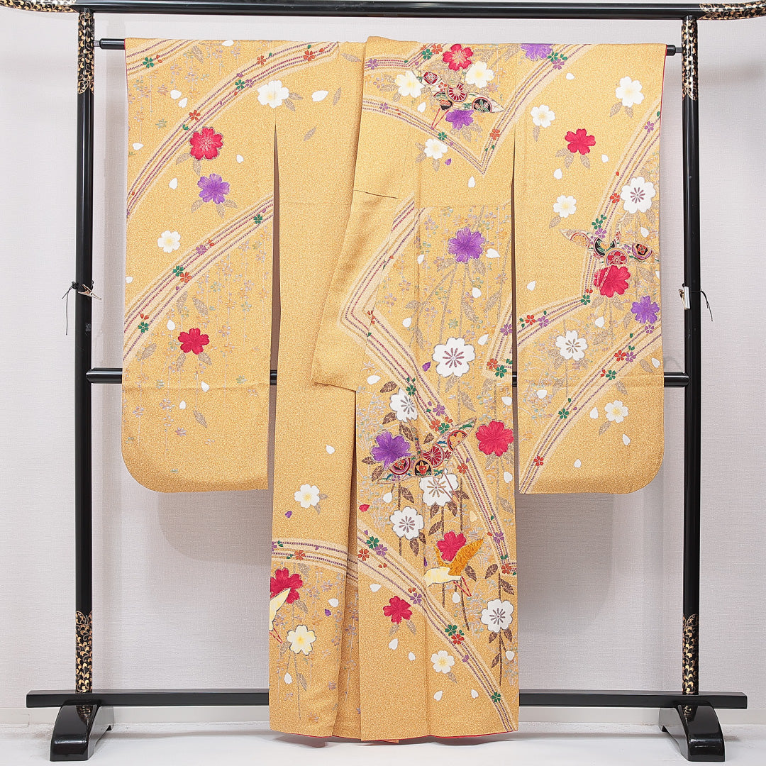 振袖 袷 身丈160cm 裄丈66cm 正絹 Sランク フォーマル 広衿 Lサイズ 鶴 花柄 黄系 RP 1215-07047