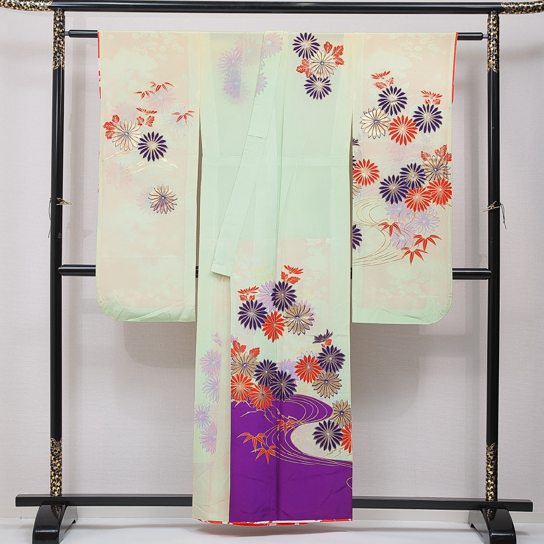 振袖 胴抜き 身丈155cm 裄丈60cm 正絹 Cランク フォーマル バチ衿 Mサイズ 流水 菊 笹 緑系 LP 1215-07002