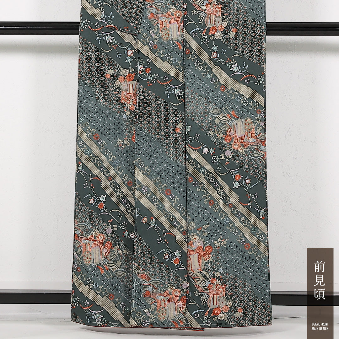 未使用品 洗える着物 小紋 袷 身丈159cm 裄丈65cm ポリエステル Nランク インフォーマル 広衿 XLサイズ しつけ糸 御所車 緑系 RP 1221-17469