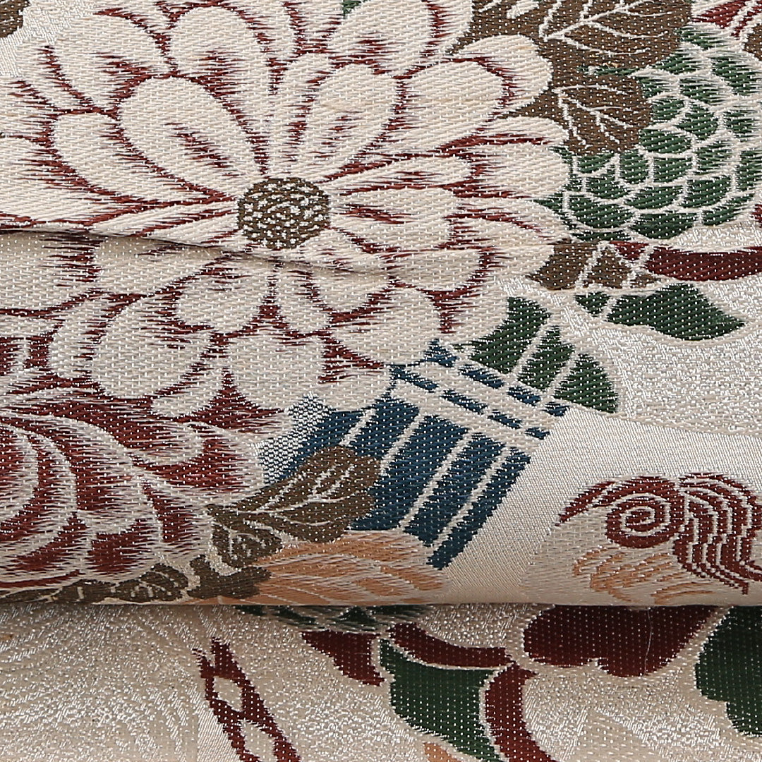 尾長鳥 アンティーク 丸帯 帯丈392cm 正絹 全通 牡丹 クリーム系 1242-02591