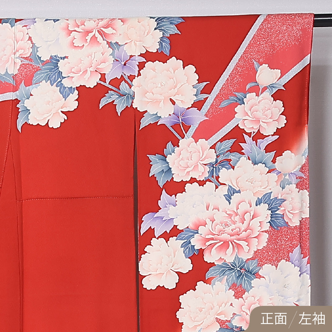振袖 袷 身丈163cm 裄丈66cm 正絹 Aランク フォーマル 広衿 Lサイズ 牡丹 赤系 RP 1215-06716