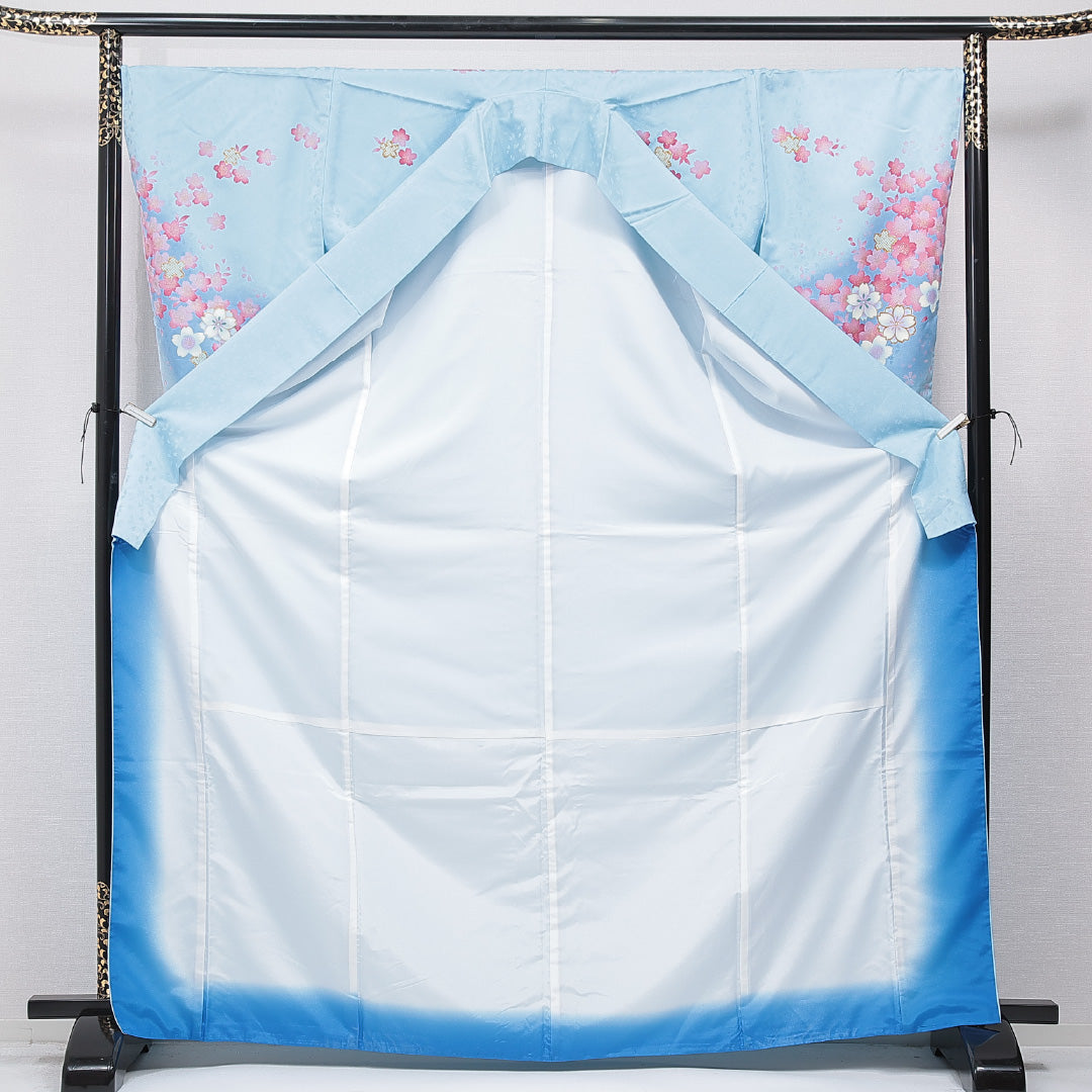 洗える着物 小振袖 袷 身丈169cm 裄丈67cm ポリエステル Cランク セミフォーマル 広衿 XLサイズ 桜 水色系 LP 1216-07031
