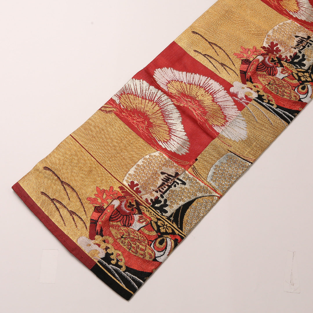 アンティーク 六寸帯 帯丈332cm 正絹 六通 小袋帯 宝船 金銀箔 金系 1246-00684