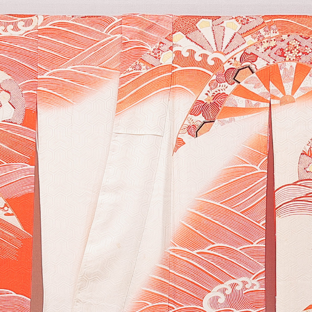 アンティーク 振袖 袷 身丈166cm 裄丈65cm 正絹 Bランク 広衿 XLサイズ 菱 菊 朱系 RP 1215-06901